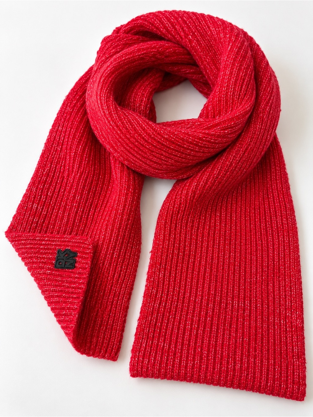 DKNY Red Ribbed Knit Scarf with Metallic Threading